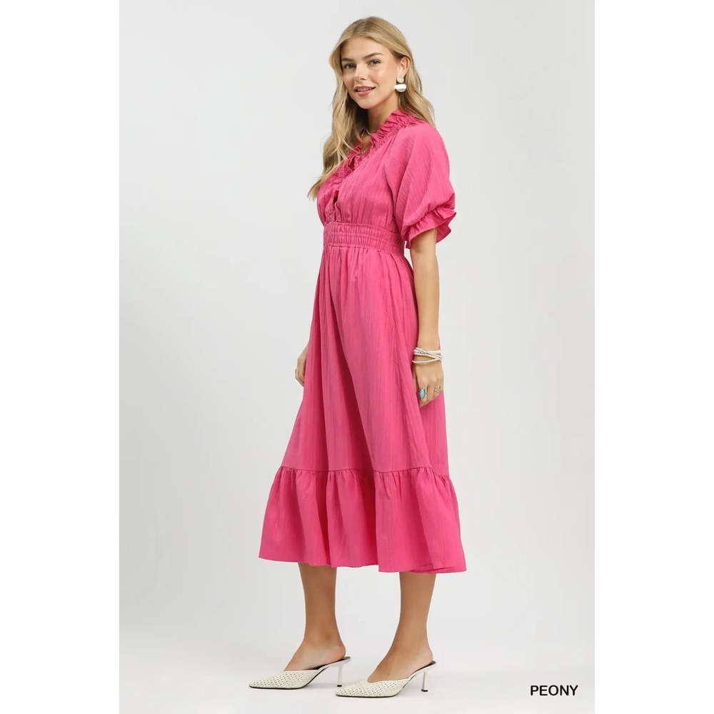 Umgee Ruffle V-Neck Midi Dress - Peony - Small - Picture 2 of 5